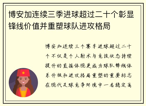 博安加连续三季进球超过二十个彰显锋线价值并重塑球队进攻格局